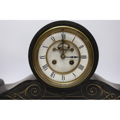 425 - A 19th century French polished black slate mantel clock, 50cm wide