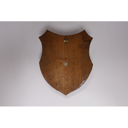 432 - A wall mounting pine shield with brass mounts and swords, 28cm