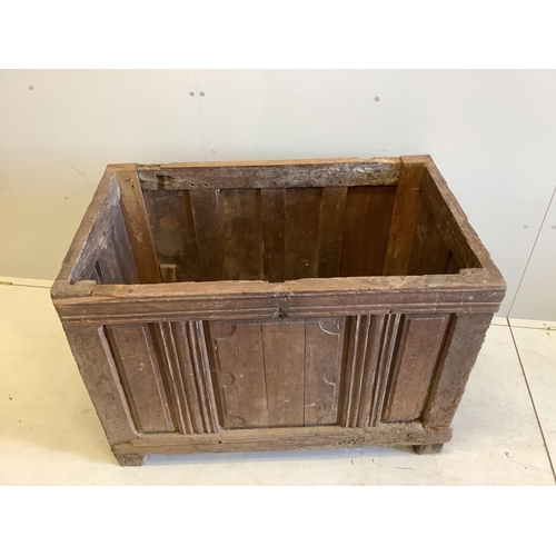 44 - A 17th century style oak coffer (lid un-attached), width 111cm, depth 67cm, height 76cm