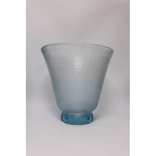 446 - A large heavy cut glass tazza with shaped rim, a tall blue tinted textured vase, height 31.5cm and a... 