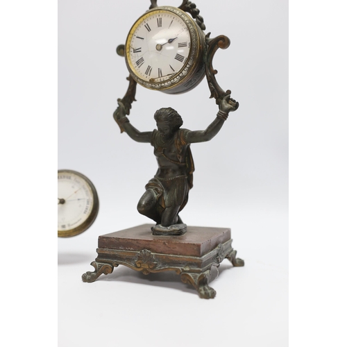 454 - A Victorian gilt brass desk clock/barometer and a figural timepiece, 26cm