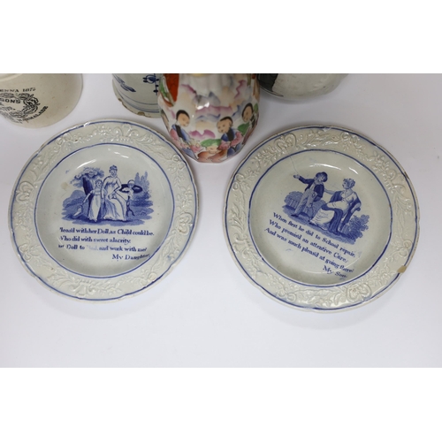 457 - A mixed collection of porcelain to include a pair of transfer printed blue and white verse plates, M... 