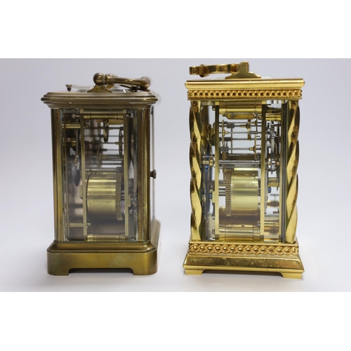 460 - A French gilt brass cased carriage clock with twisted column supports, together with a further carri... 