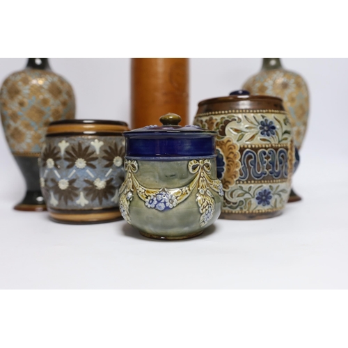 462 - A pair of Doulton Lambeth vases, three jars, two with covers and a Georg Kreuzberg terracotta bottle... 