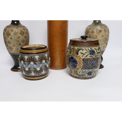 462 - A pair of Doulton Lambeth vases, three jars, two with covers and a Georg Kreuzberg terracotta bottle... 