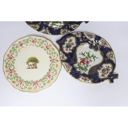 463 - A pair of Samson Worcester style scale blue dishes, a Worcester fruit painted tea bowl and saucer, c... 