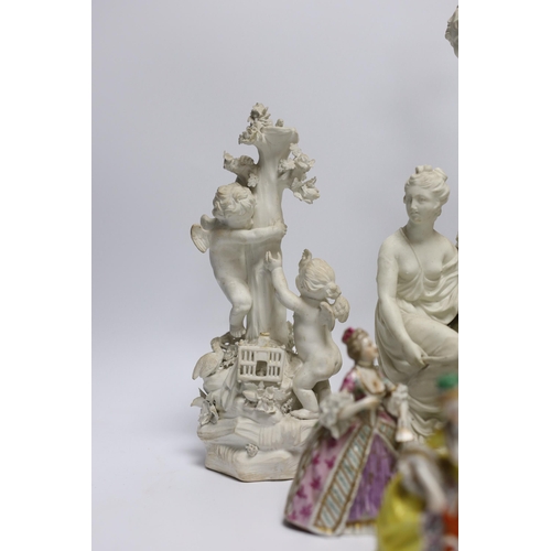 471 - Two late 18th century biscuit figural centrepieces, six figurines and another, tallest 40cm