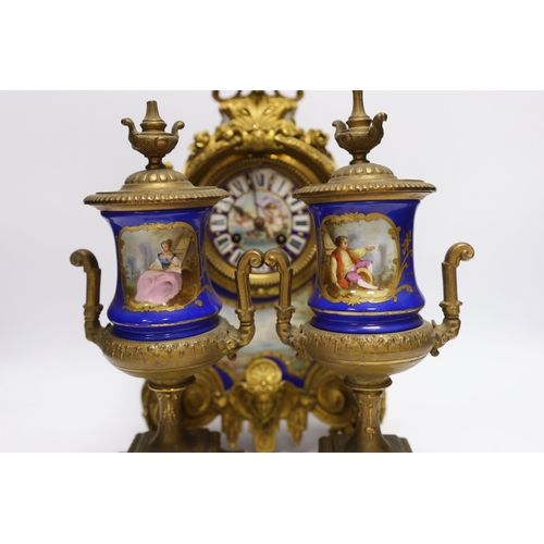 474 - A Sevres style ormolu clock, Miller & Sons with two similar gilt spelter urns, pendulum no key, 44cm... 