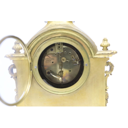 474 - A Sevres style ormolu clock, Miller & Sons with two similar gilt spelter urns, pendulum no key, 44cm... 