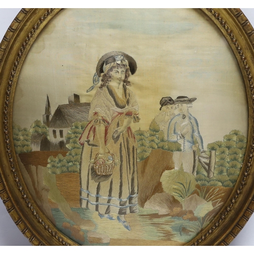 478 - An oval framed regency needlework on silk, "Admirers", 33x28cm