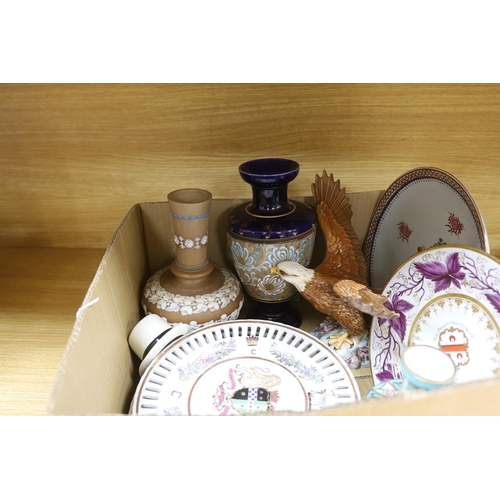 479 - Two Doulton vases, a Beswick eagle, armorial plates, a vase and an advertising top hat