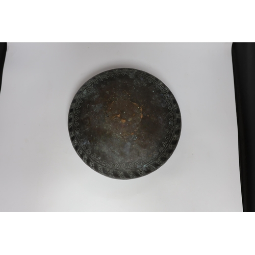 481 - A Middle Eastern patinated copper bowl, 32cm diameter