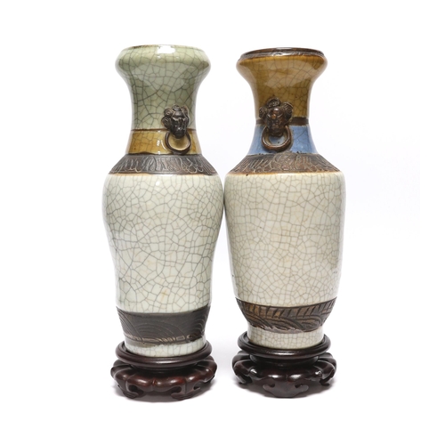 490 - Two Chinese crackle glaze vases, Guanxu period, with stands, 25cm excluding stands