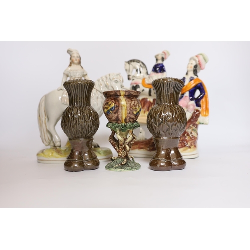 496 - A rare Staffordshire horse group, a Princess Royal and pony group, a Palissy ware vase and a pair of... 