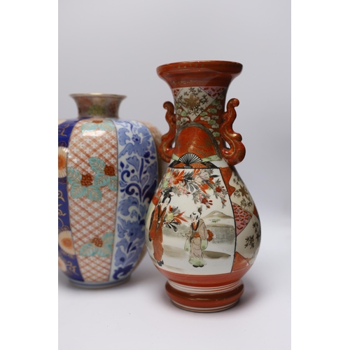 501 - A pair of Japanese Imari vases, by Fukagawa and a pair of Kutani vases, Meiji period, tallest 25cm... 