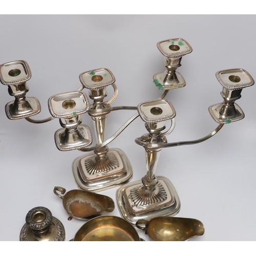 503 - A pair of silver plated on copper twin branch three light candelabra, a "Savoy Hotel" circ... 