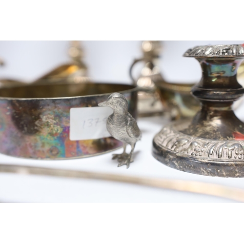 503 - A pair of silver plated on copper twin branch three light candelabra, a "Savoy Hotel" circ... 