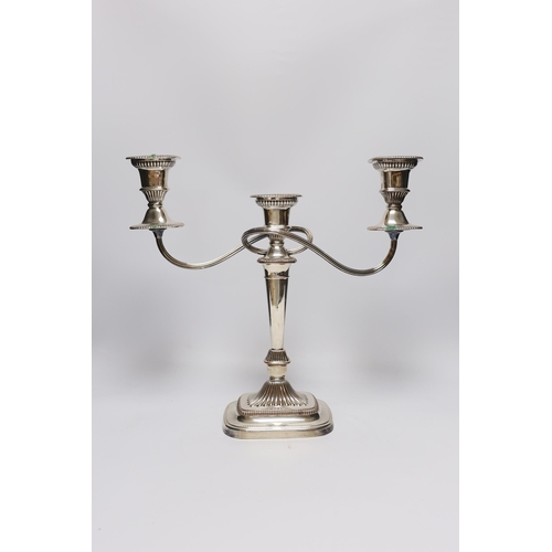 503 - A pair of silver plated on copper twin branch three light candelabra, a "Savoy Hotel" circ... 