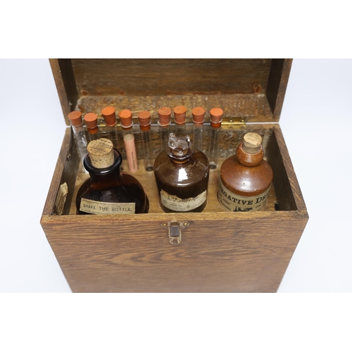 504 - A vintage travelling vets box with two glass bottles and a stoneware bottle, Alfred Parker label to ... 