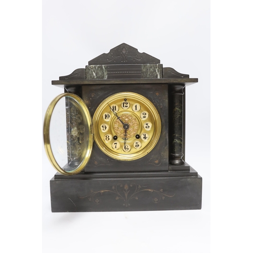 505 - A slate and marble mantel clock with Arabic dial, 29cm high