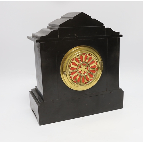 505 - A slate and marble mantel clock with Arabic dial, 29cm high