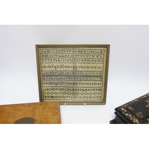 510 - Sundry items and collectables including telescope, drawing sets, an alphabet sampler and an inlaid l... 