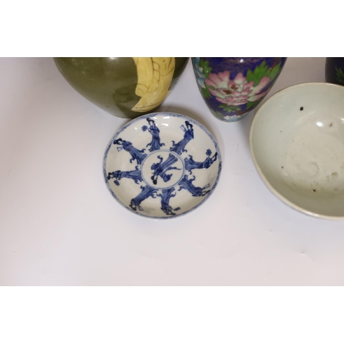 512 - Mixed Chinese and Japanese ceramics including pair of cloisonné vases, a blue and white dish and a c... 