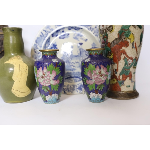 512 - Mixed Chinese and Japanese ceramics including pair of cloisonné vases, a blue and white dish and a c... 