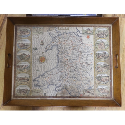 513 - An 18th century hand coloured map of Wales, framed as a twin handled drinks tray, together with ano... 