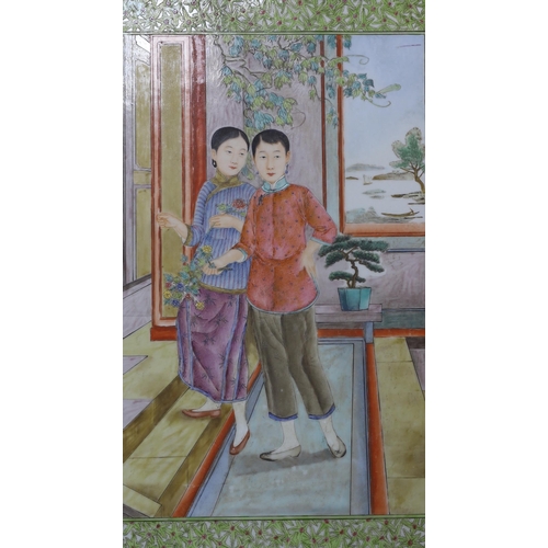 522 - Two Chinese framed enamelled porcelain plaques, one of a tiger and another of two girls, largest 32c... 