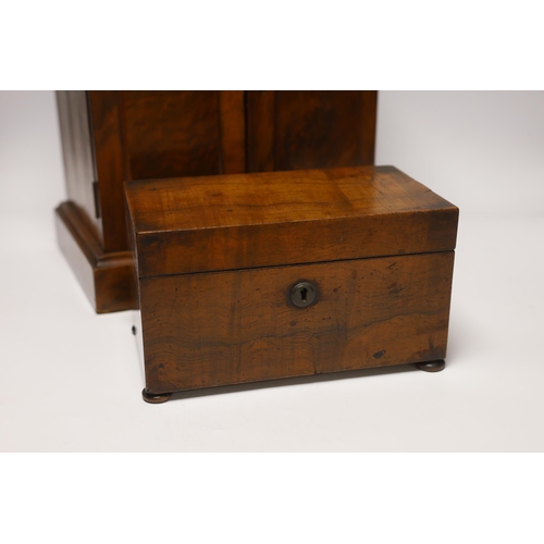 526 - A small Victorian three drawer walnut cabinet, together with a mahogany tea caddy, cabinet 35.5cm x ... 