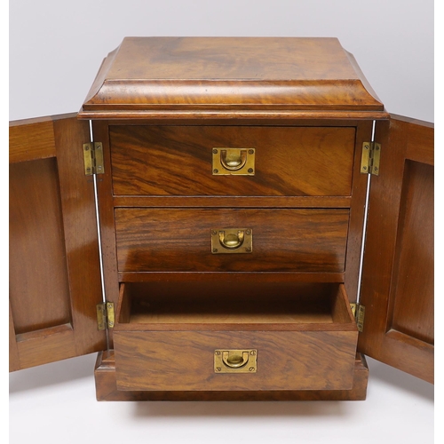 526 - A small Victorian three drawer walnut cabinet, together with a mahogany tea caddy, cabinet 35.5cm x ... 