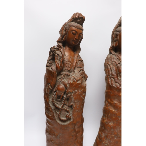 528 - Two large Chinese rootwood figures of Guanyin, 57cm high