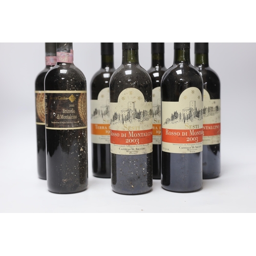 529 - Ten bottles of red wine including three Rossi Di Montalcino 2003, four bottles of Terra Di Siena 199... 