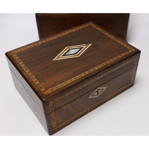 530 - Three boxes; a miniature Polyphon, a stationery box and an inlaid jewellery box, stationery box 26cm... 