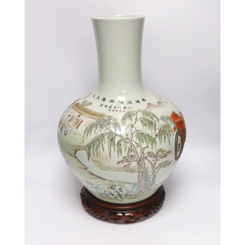 531 - A Chinese Cultural Revolution style enamelled porcelain vase on stand, 50cm high including stand... 