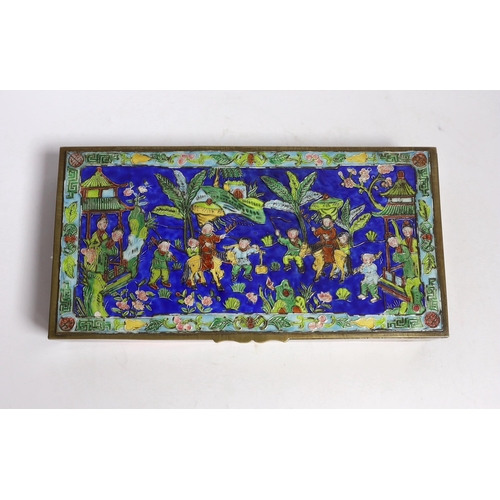 535 - A  20th century Chinese enamelled brass box, 24cm wide, 12.5cm deep