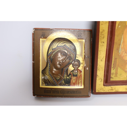 544 - Two modern Russian Icons; the Virgin and child and three angels, larger 22 x 21cm