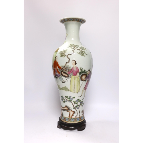 546 - A Chinese European subject famille rose vase, with stand, 45cm high including stand