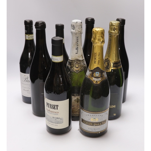 547 - Six bottles of wine and three bottles of champagne including a  bottle of 2014 Barolo, two bottles o... 