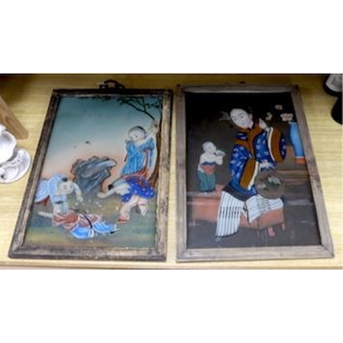 548 - Two Chinese 20th century figural reverse painted glass pictures, framed largest 33cm wide x 49cm... 