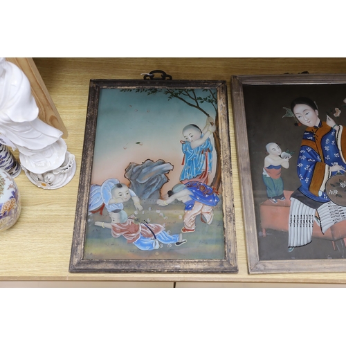 548 - Two Chinese 20th century figural reverse painted glass pictures, framed largest 33cm wide x 49cm... 