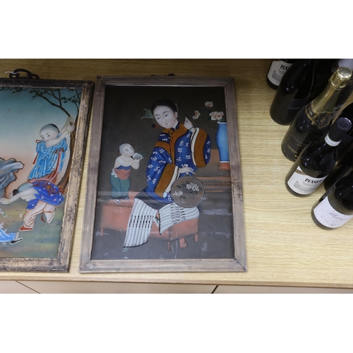 548 - Two Chinese 20th century figural reverse painted glass pictures, framed largest 33cm wide x 49cm... 