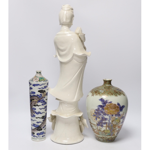 549 - A 19th century Chinese blanc de chine figure of Guanyin, 20th century dragon vase and a Japanese M... 