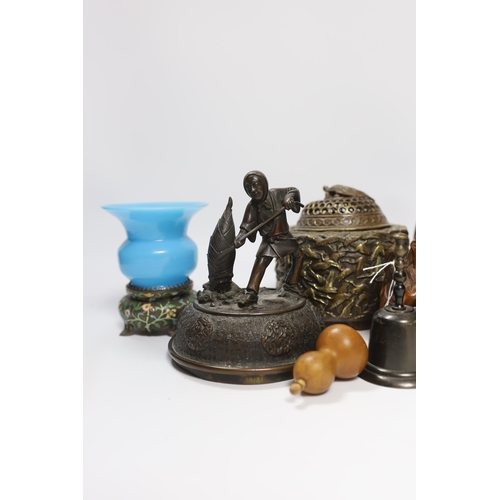 552 - A quantity of Chinese bronzes and wood carvings including stands, seated Buddha etc.