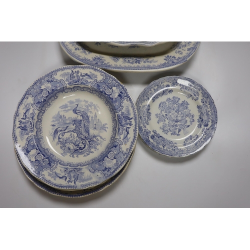 560 - A collection of 19th century Staffordshire pottery blue and white dinner wares, (10 dishes in variou... 