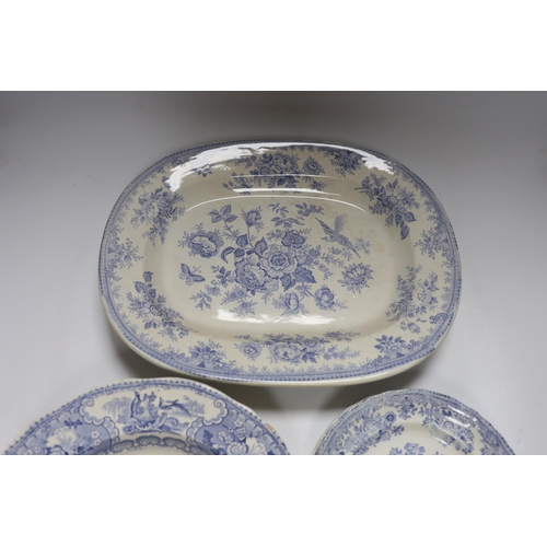 560 - A collection of 19th century Staffordshire pottery blue and white dinner wares, (10 dishes in variou... 