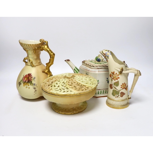 567 - Three pieces of Royal Worcester blush ivory porcelain and an early 19th century pearlware teapot, ta... 