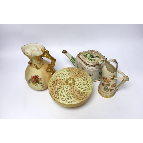 567 - Three pieces of Royal Worcester blush ivory porcelain and an early 19th century pearlware teapot, ta... 