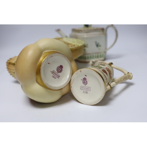 567 - Three pieces of Royal Worcester blush ivory porcelain and an early 19th century pearlware teapot, ta... 